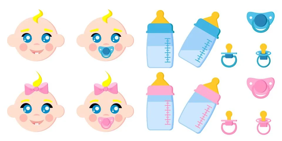 Vector set of children faces icons, baby bottles with milk, pacifiers, baby d Stock Illustration