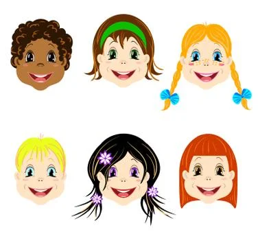 Vector set of children heads with different types of haircut and colors of eyes Stock Illustration
