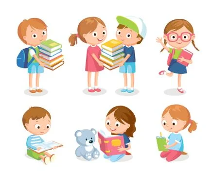 Vector set of children sitting, standing on the floor and reading books. Stock Illustration