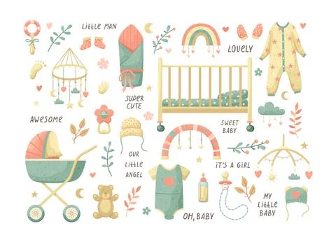 Vector set of children's illustrations with handwritten lettering . Items for Stock Illustration