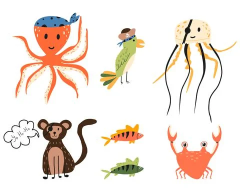 Vector set of childrens pirate animals. Stock Illustration
