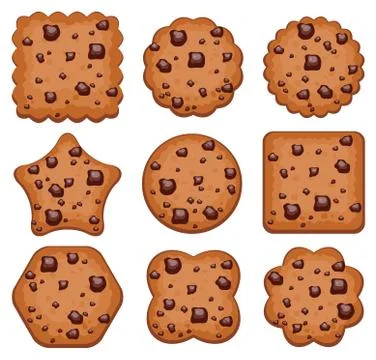 Vector set of chocolate chip cookies of different shapes Stock Illustration