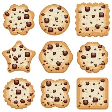 Vector set of chocolate chip cookies of different shapes Stockillustratie