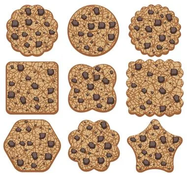 Vector set of chocolate chip cookies of different shapes Stock Illustration