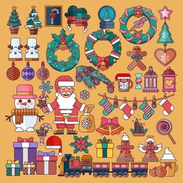 Vector set Christmas accessories in a linear cartoon style Stock Illustration