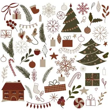 Vector set of Christmas elements, festive New Year decor with candle, star, gift Stock Illustration