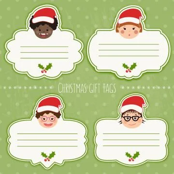 Vector set of Christmas gift tags for presents with children smiling faces. N Stock Illustration