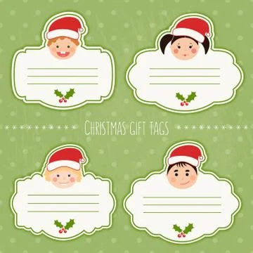 Vector set of Christmas gift tags for presents with children smiling faces. N Stock Illustration