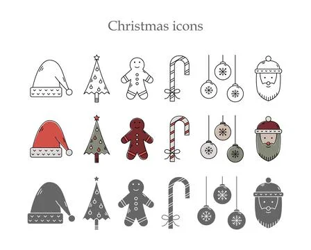 Vector set of Christmas icons in three styles. Line art, simple style and col 스톡 일러스트