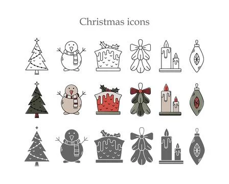 Vector set of Christmas icons in three styles. Line art, simple style and col Stock-Illustration