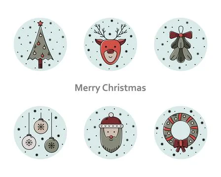 Vector set of Christmas illustrations. New Year color outline icons. Stock Illustration