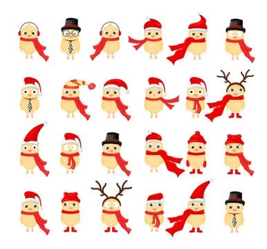 Vector set of Christmas owls with various emotions, facial expressions Stock Illustration