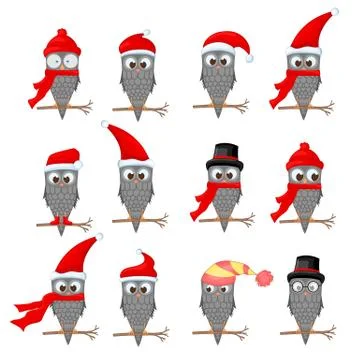 Vector set of Christmas owls with various emotions, facial expressions Stock Illustration