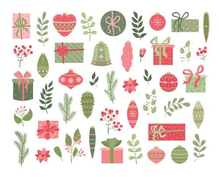 Vector set of christmas plants, christmas toys, plants and flowers Illustrazione stock