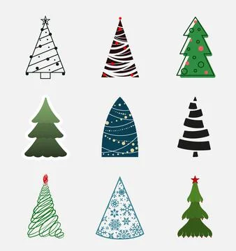 Vector set of Christmas tree. Design of trees in different styles. Stock Illustration