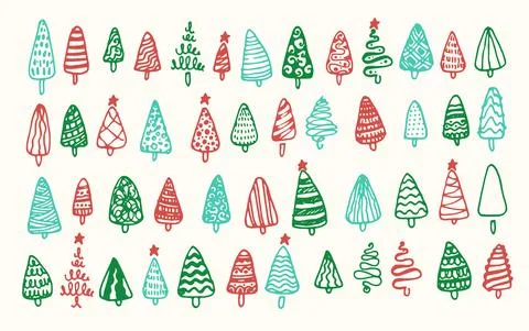Vector set of Christmas tree icons in red and green colors. hand-drawn Christmas Stock Illustration