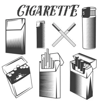 Vector set cigarette, lighter and pack of cigarettes. Smoking objects in Stock Illustration