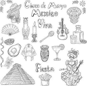 Vector set of Cinco de Mayo illustration. Halloween outlines Stock Illustration