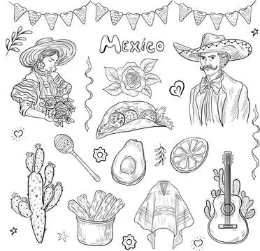 Vector set of Cinco de Mayo illustration. Halloween outlines Stock Illustration