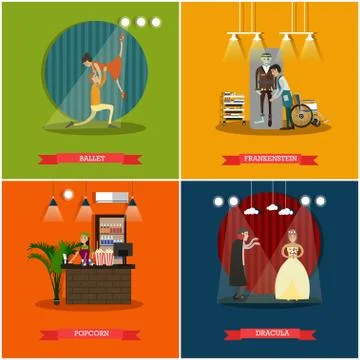 Vector set of cinema art concept posters in flat style Stock Illustration