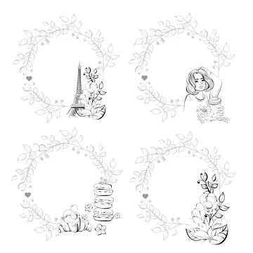 Vector set circle frame, template of Eiffel Tower and flower, bakery. Magnolia イラスト素材