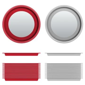 Vector Set of circle Red and White Plastic Tray salver with Top and side View Stock Illustration