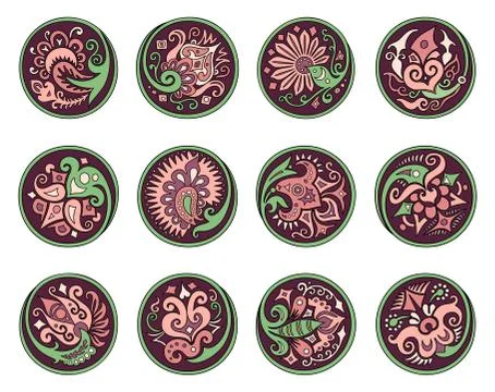 Vector set of circles with ethnic floral elements Stock Illustration