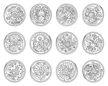 Vector set of circles with ethnic floral elements 스톡 일러스트