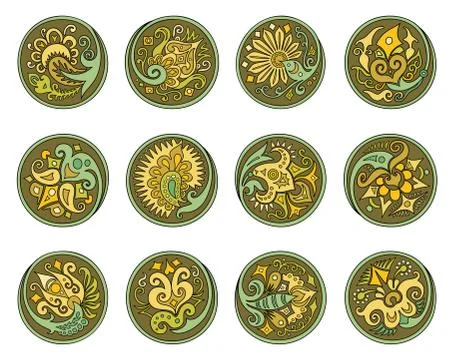 Vector set of circles with ethnic floral elements Stock Illustration