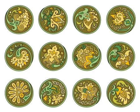 Vector set of circles with ethnic floral elements Stock Illustration