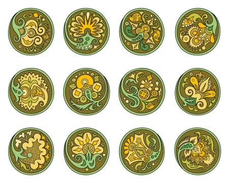 Vector set of circles with ethnic floral elements Stock Illustration