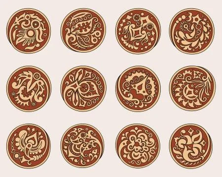 Vector set of circles with ethnic floral elements 库存插图