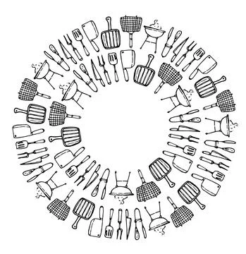A vector set of circular templates from grilling tools with an empty space Stock Illustration