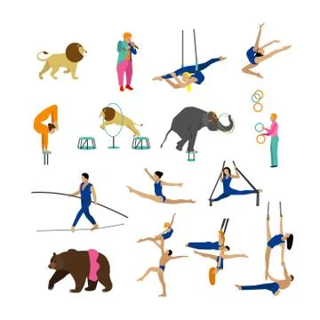 Vector set of circus artists, acrobats and animals isolated on white background Stock Illustration