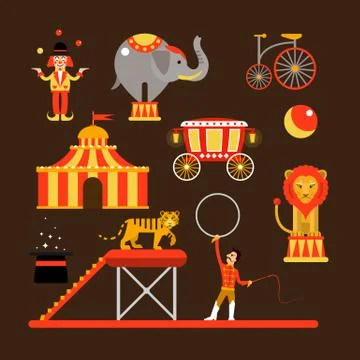 Vector set of circus artists, acrobats and animals isolated on white background Stockillustratie