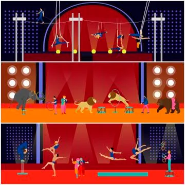 Vector set of circus interior concept banners. Acrobats and artists perform show Stock Illustration