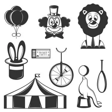 Vector set of circus isolated icons. Black and white circus symbols and design Stock Illustration