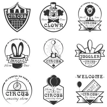 Vector set of circus isolated labels, logo and emblems. Black and white circus Stockillustratie