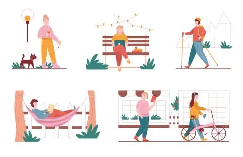 Vector set of city park situation illustrations. Woman and man characters Иллюстрация