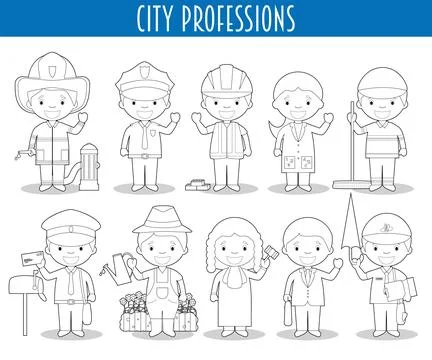 Vector Set of City Professions for coloring in cartoon style. Illustrazione stock