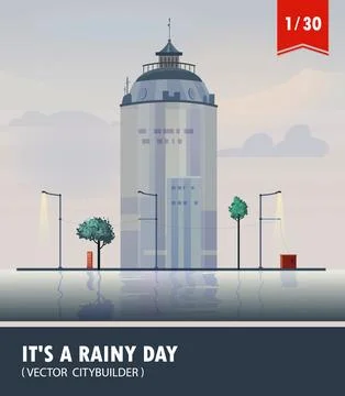 Vector set of Cityscape with building. Vector cartoon illustration of rainy Ilustración de archivo