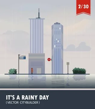Vector set of Cityscape with building. Vector cartoon illustration of rainy Stock Illustration