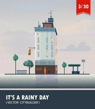 Vector set of Cityscape with building. Vector cartoon illustration of rainy Stock Illustration