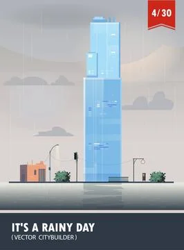 Vector set of Cityscape with building. Vector cartoon illustration of rainy Ilustración de archivo