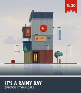 Vector set of Cityscape with building. Vector cartoon illustration of rainy Ilustración de archivo