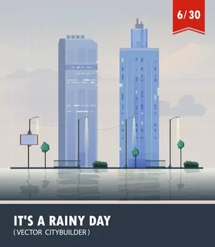 Vector set of Cityscape with building. Vector cartoon illustration of rainy Ilustración de archivo