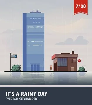 Vector set of Cityscape with building. Vector cartoon illustration of rainy Ilustración de archivo