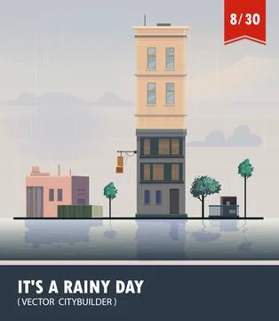 Vector set of Cityscape with building. Vector cartoon illustration of rainy Ilustración de archivo