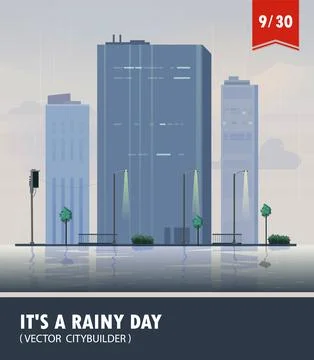 Vector set of Cityscape with building. Vector cartoon illustration of rainy Stock Illustration