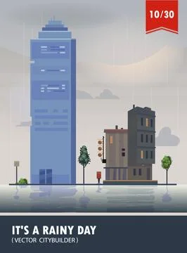 Vector set of Cityscape with building. Vector cartoon illustration of rainy Stock Illustration